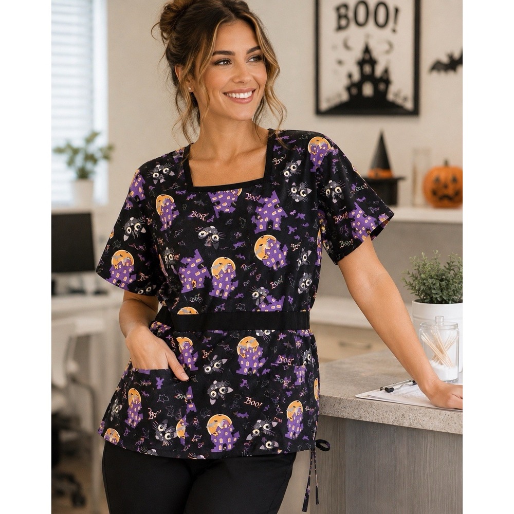 Tafford Womens Small Scrub Top Black Cat Haunted House Boo Halloween Tie Back